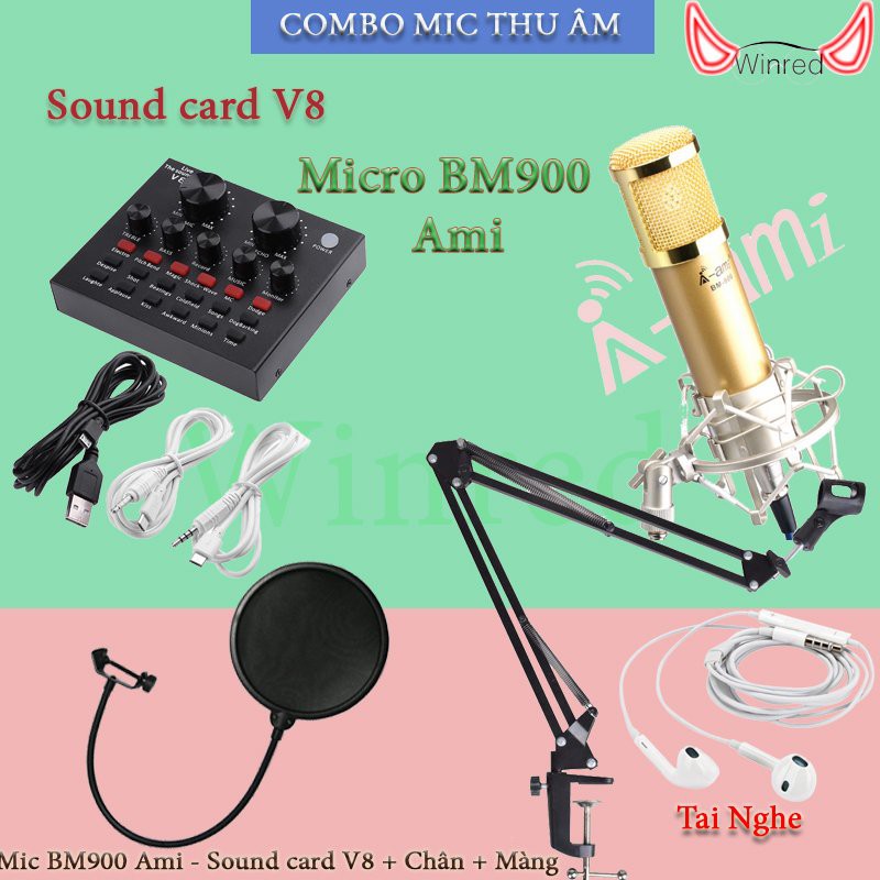 BỘ MIC THU ÂM BM900 AMI SOUND CARD V8 CHÂN KẸP MÀNG LỌC BỘ ĐẦY ĐỦ TẶNG TAI NGHE ♥️♥️