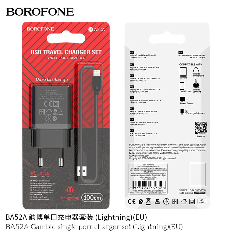 Bộ Cáp Và Dock Sạc Borofone BA52A Cổng Type C - 1 Cổng USB 2.1A chuẩn EU