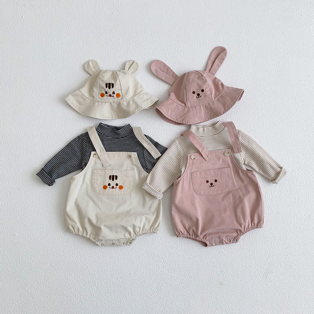 Bộ Áo Liền Quần Hai Dây + Mũ Kiểu Hoạt Hình Đáng Yêu Cho Bé