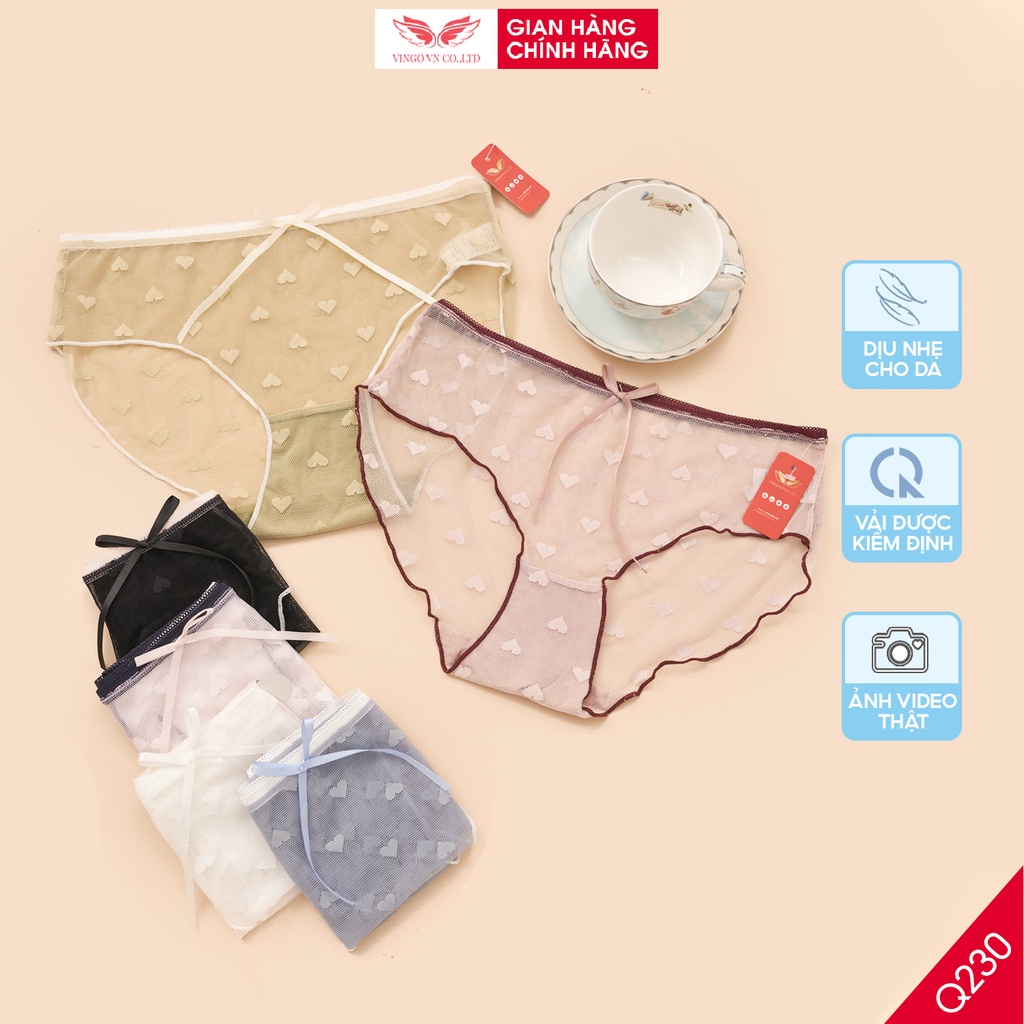 Quần lót nữ ren sheer xuyên thấu mỏng nhẹ sexy VINGO đáy cotton 2 lớp kháng khuẩn thoáng khí cạp đính nơ Q230 VNGO