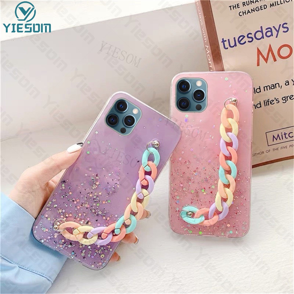 Ốp Điện Thoại Silicon Dẻo Trong Suốt Họa Tiết Cầu Vồng Kèm Dây Đeo Tay Cho iPhone 13 12 11 Pro Max