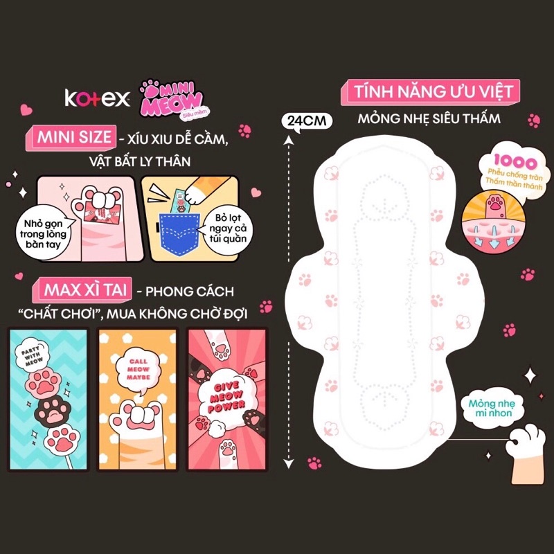 Băng vệ sinh KOTEX MINI MEOW siêu mỏng có cánh 24cm gói 8 miếng - tapquachukim