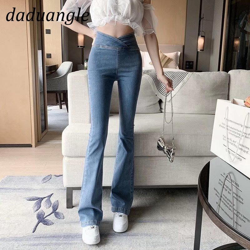 Quần jean Daduhey lưng cao màu sáng co dãn ống loe thời trang phong cách Hàn Quốc cho nữ