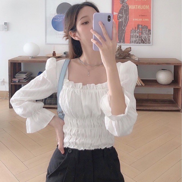 JANET STUDIO • Áo cổ vuông 3 thun eo trắng
