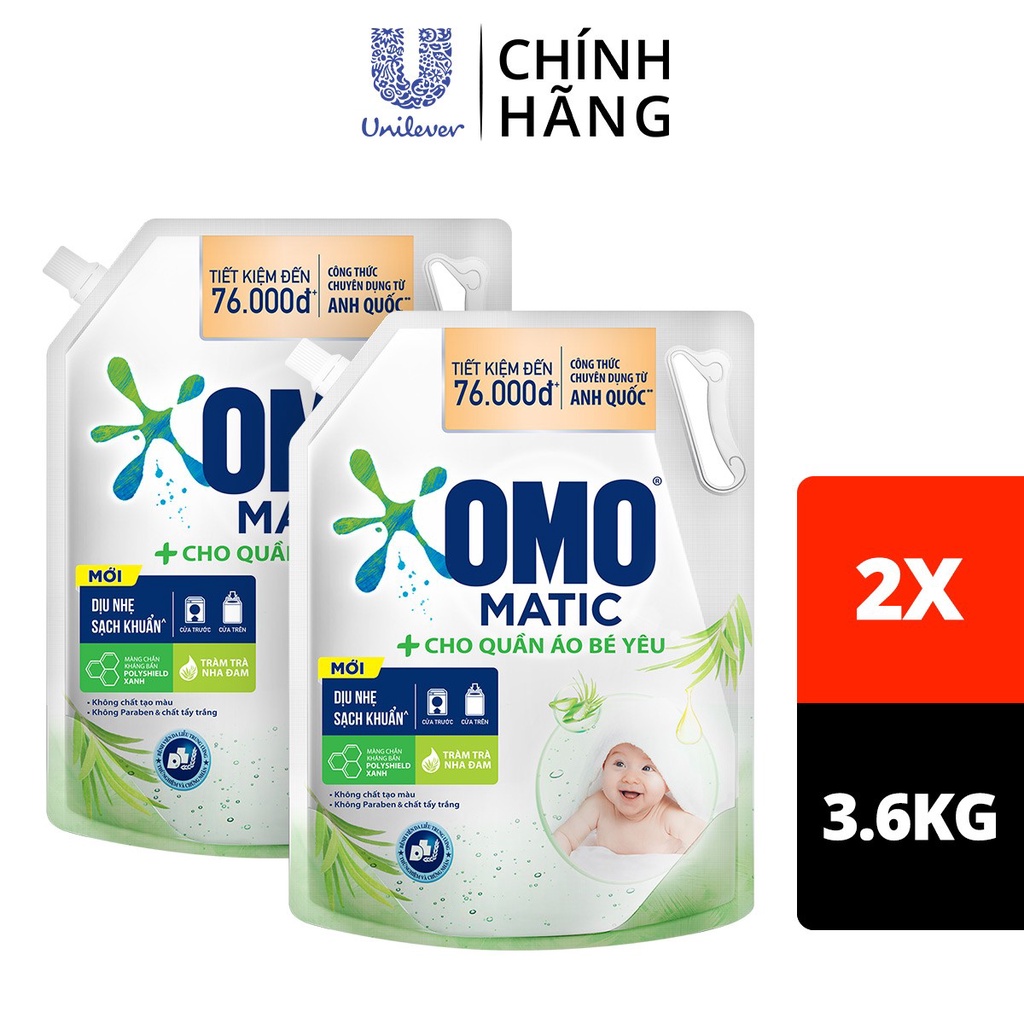 Combo 2 Túi Nước Giặt Omo Matic Baby Cho Quần Áo Bé Yêu 3.6L