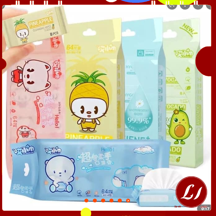 SET GÓI 64 tờ GIẤY ƯỚT MINI HOA QUẢ an toàn cho bé