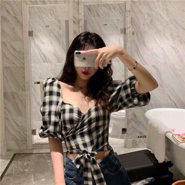 Áo caro đắp chéo cột nơ 2 màu xanh- đen