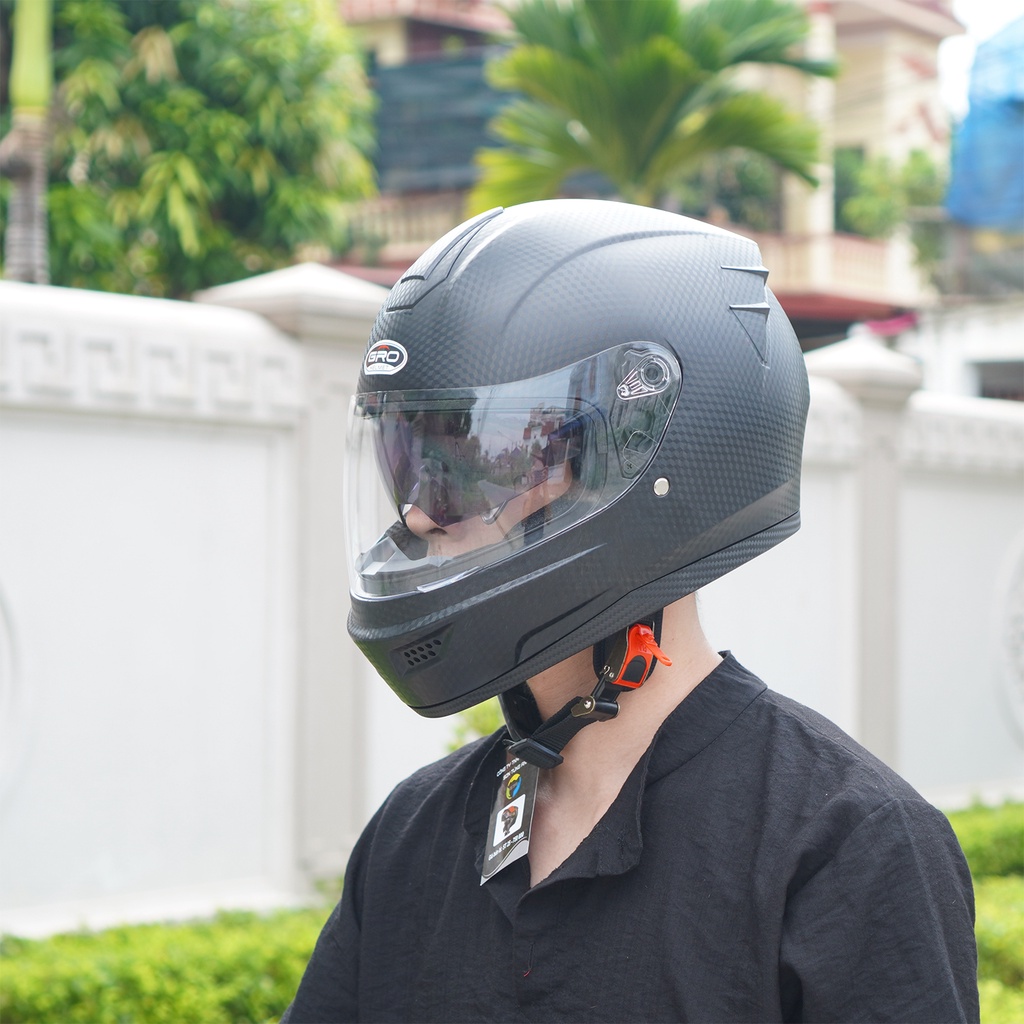 Mũ Bảo Hiểm Fullface GRO Helmet Vân Cacbon, mũ phượt 2 kính liền hàm, khóa kim loại chắc chắn