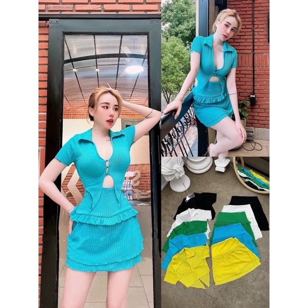 Set Áo Croptop Cổ Bẻ Tay Ngắn Tà Nhọn 3 Núc Kèm Chân Váy Ôm Phối Bèo
