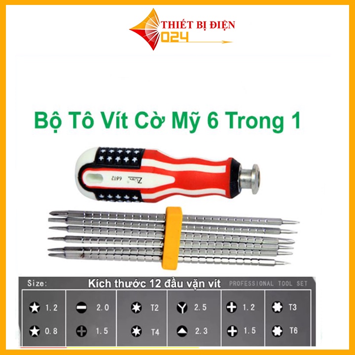 Bộ tô vít cờ Mỹ 6 trong 1 cao cấp 12 đầu vặn vít, tua vít đóng đảo chiều tiện lợi, đa năng