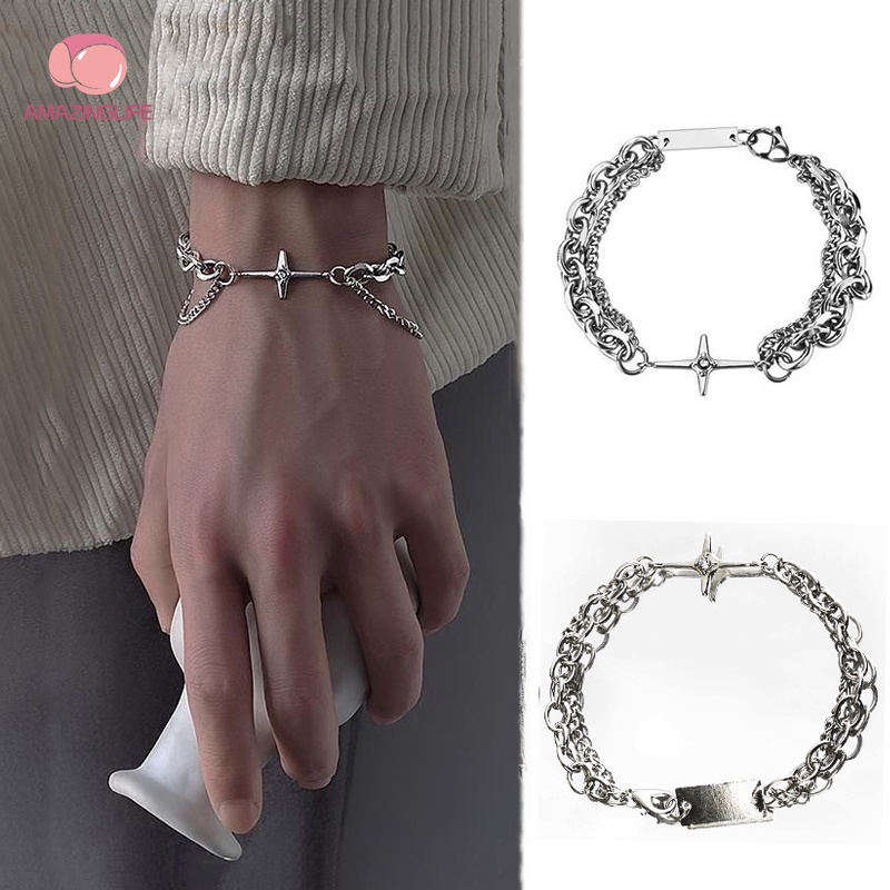 Vòng Tay Dây Xích Hai Lớp Mặt Ngôi Sao Sáu Cánh Có Thể Điều Chỉnh Phong Cách Punk Cổ Điển Cho Cặp Đôi