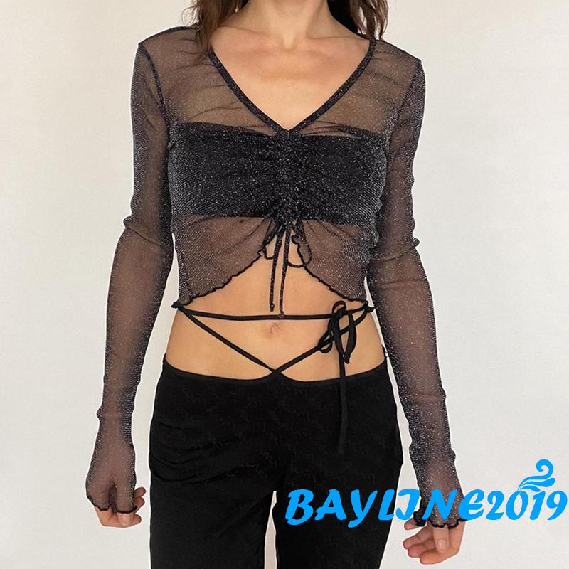 Bay- Áo Croptop Sơ Mi Crop Top Tay Dài Có Dây Rút Ngực Xuyên Thấu Sáng Bóng