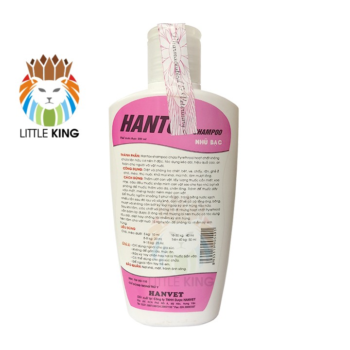 Sữa tắm cho chó mèo Hantox Shampoo Hồng Nhũ Bạc 200ml, Sữa tắm trị ve rận, bọ chét, giúp mượt lông Little King pet shop