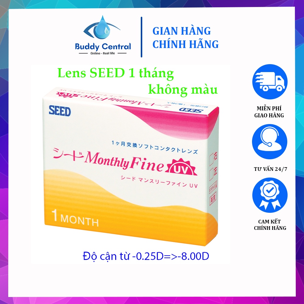 Hộp 3 lens kính áp tròng SEED 1 tháng Monthly Fine UV không màu có độ cận