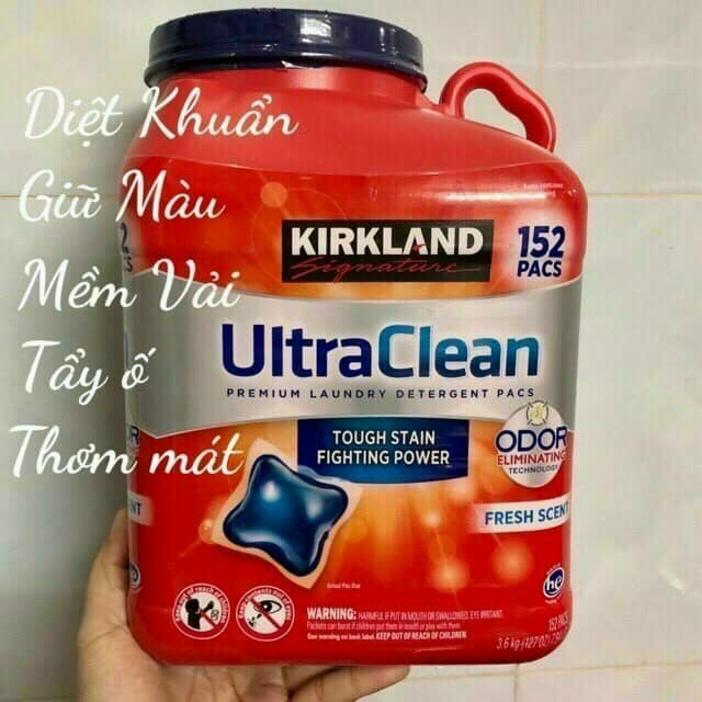 Viên giặt Kirkland 152 viên UltraClean Mỹ (giặt, xả, giữ màu, diệt khuẩn, khử mùi)