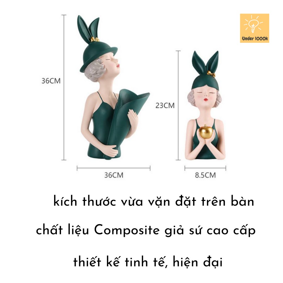 Tượng trang trí - tượng decor - hình cô gái đội mũ tai thỏ cực xinh xắn - màu xanh và hồng