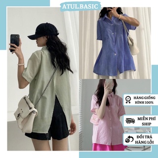 Áo Sơmi Kiểu, Áo sơ mi kẻ caro form rộng xẻ lưng tay ngắn dáng dài oversize phong cách hàn quốc - Sơmi sọc Xẻ Lưng