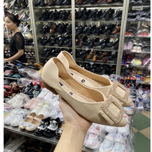 Giày búp bê bệt nữ mềm mũi nhọn gắn đá 2 màu