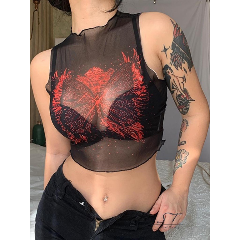 Áo Lưới Không Tay Cổ Tròn In Họa Tiết Bướm Vintage Dành Cho Nữ CY03-