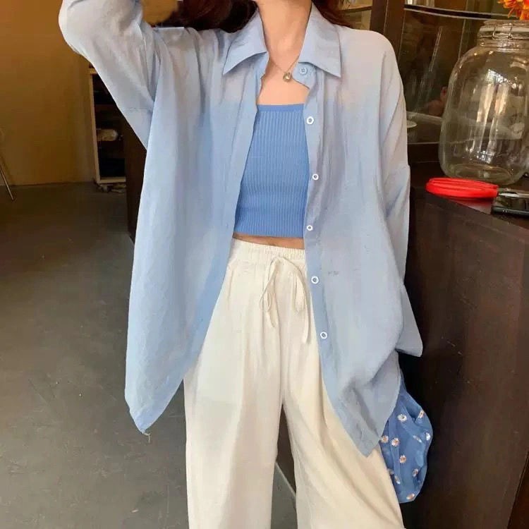 Áo Sơ Mi Chiffon Tay Dài Dáng Rộng Màu Trơn Xuyên Thấu Phong Cách Hàn Quốc Cho Nữ