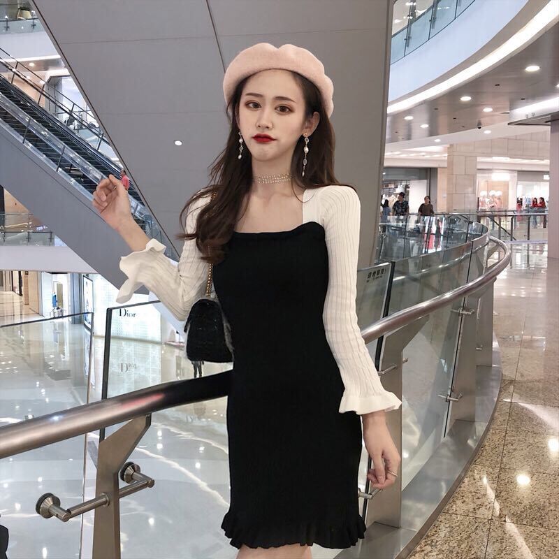 Women Ruffled Slim Skirt Color Matching Waist Long-sleeved Knitted Dress | BigBuy360 - bigbuy360.vn
