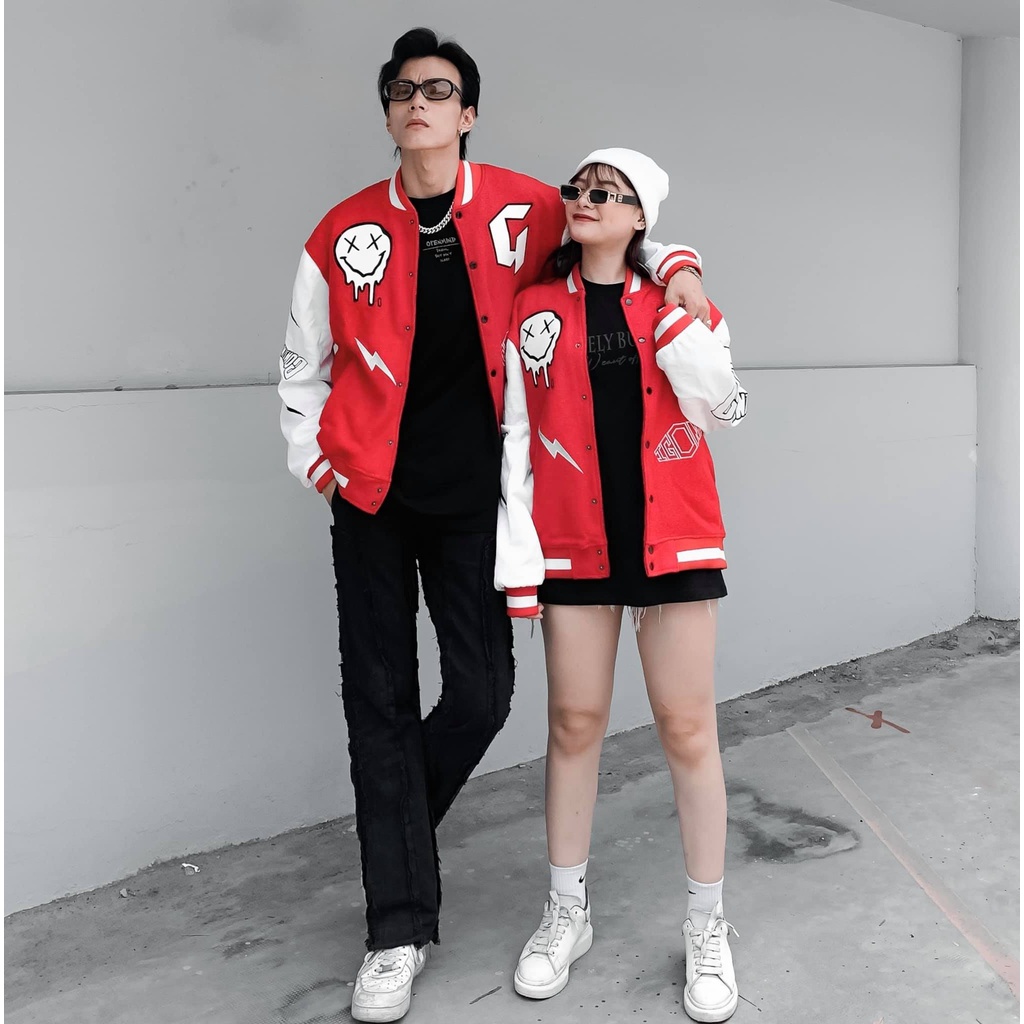 Áo Khoác Varsity nam nữ màu đỏ, Gonz Bóng chày .Unisex Form rộng nhung tăm 2 lớp Hình thêu 100%