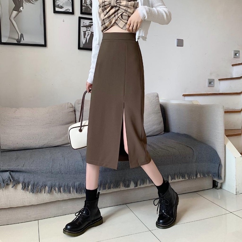Chân váy midi xẻ tà trước dáng dài lưng cao chất tuyết mưa_Linhchi.studio