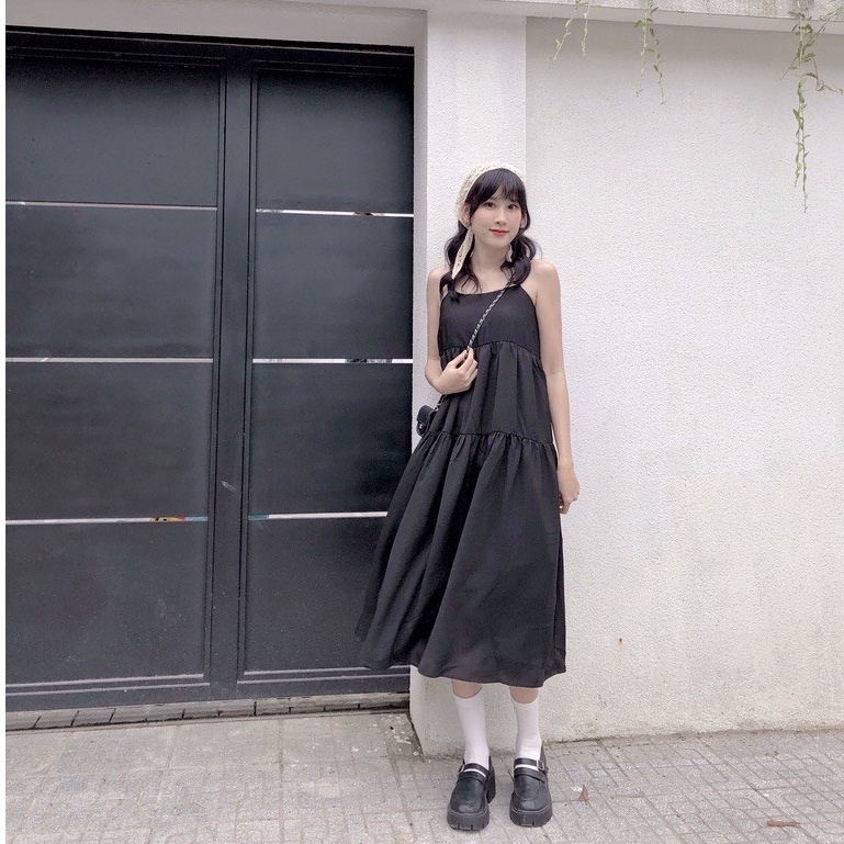 Váy dáng babydoll hai dây xòe ba tầng màu đen dây chỉnh được vanmiushop