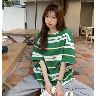 Áo thun PEWARN ngắn tay dáng rộng họa tiết kẻ sọc phong cách Hàn Quốc dành cho nam và nữ