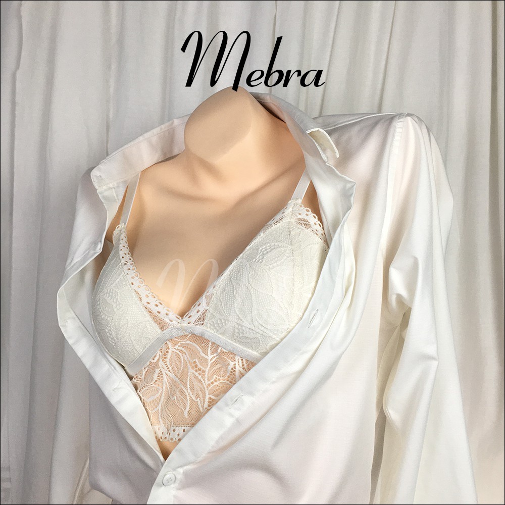 Áo bra ren không gọng đệm mỏng màu trắng kem mix với áo vest đen, chân ren tới rốn Mebra CR012