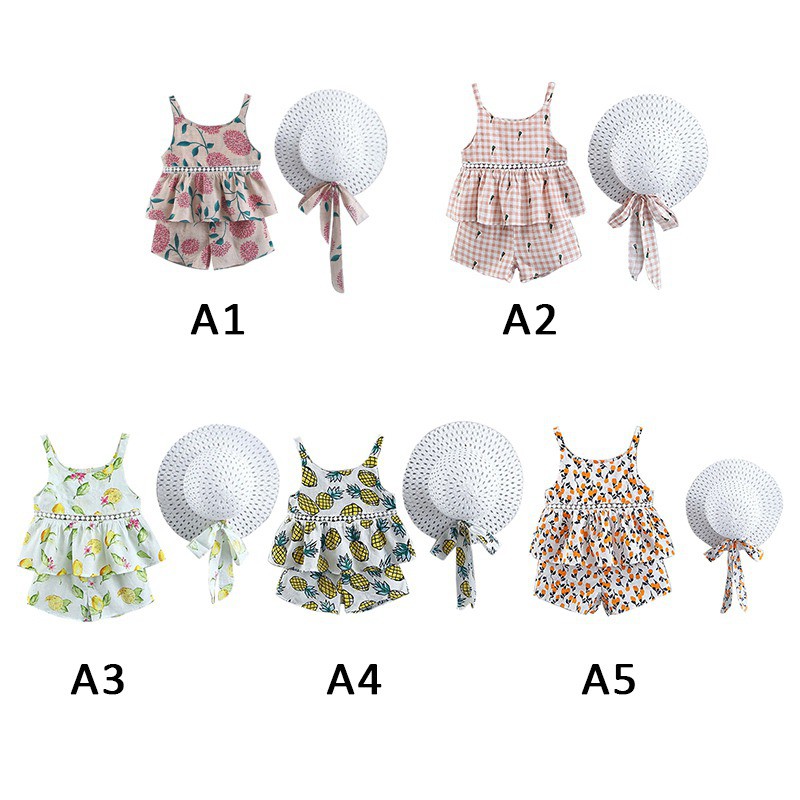 Bộ áo sát nách in hoa + quần ngắn + Mũ cho bé gái