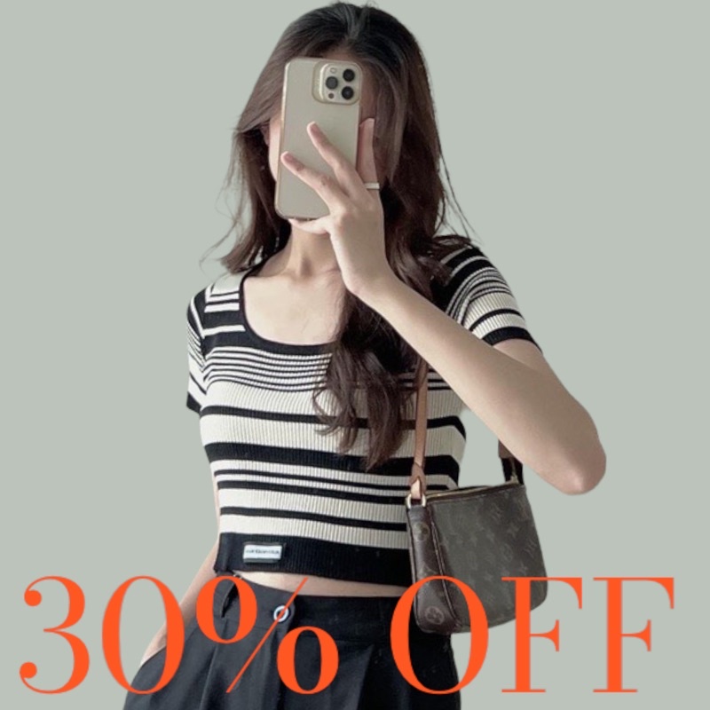 A625 Áo croptop len tăm nữ MISOUL ngắn tay dáng ôm kẻ ngang co giãn tốt