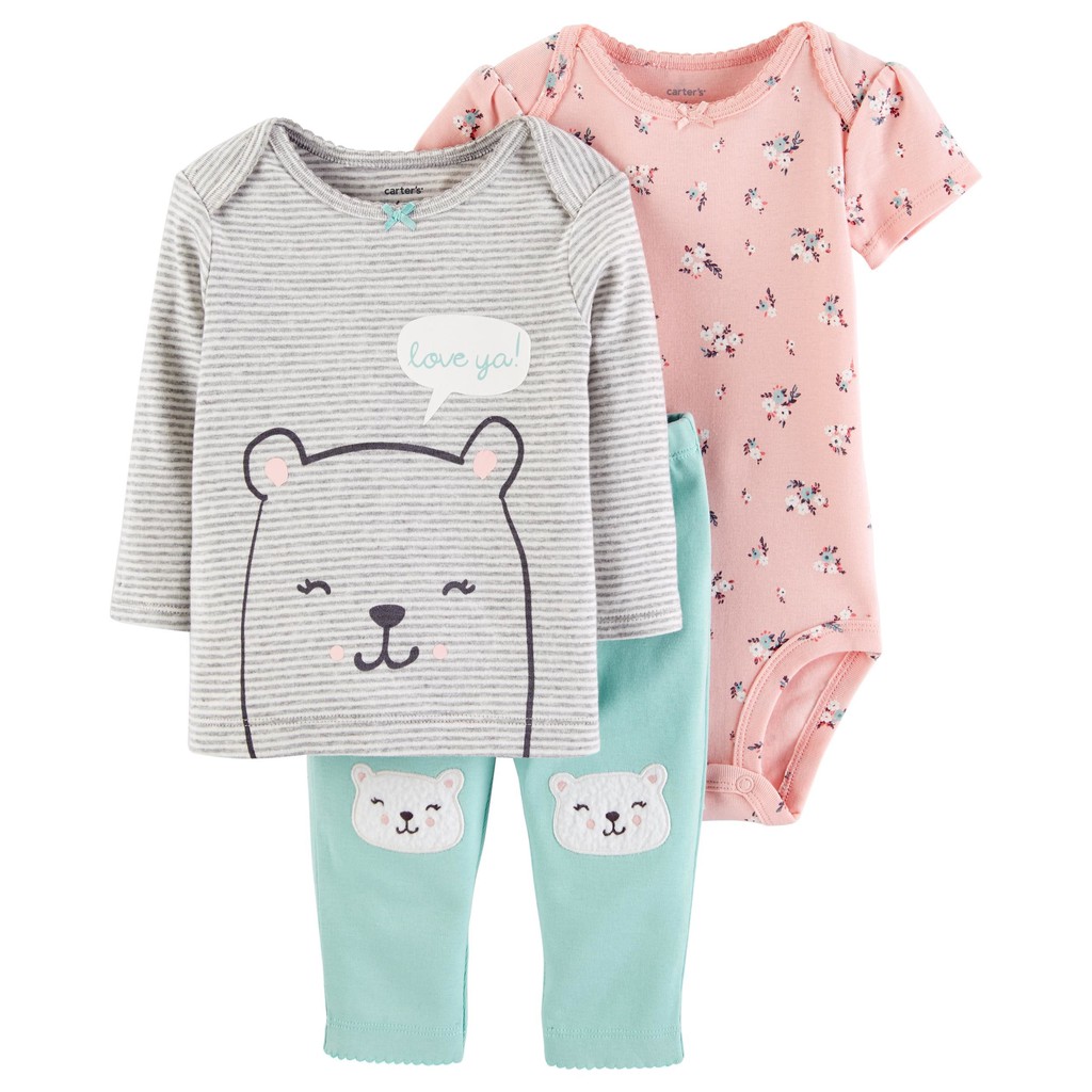 Set 3 món Áo Bear, Quần, Bodysuit Pink bé gái (3M-24M) Chính Hãng Carter's Mỹ