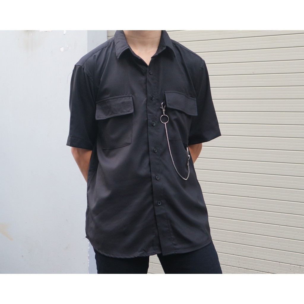 Áo sơ mi đen tay ngắn có chain Fox unisex | BigBuy360 - bigbuy360.vn