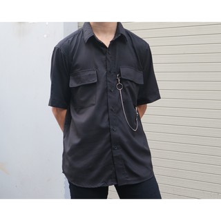 Áo sơ mi đen tay ngắn có chain Fox unisex