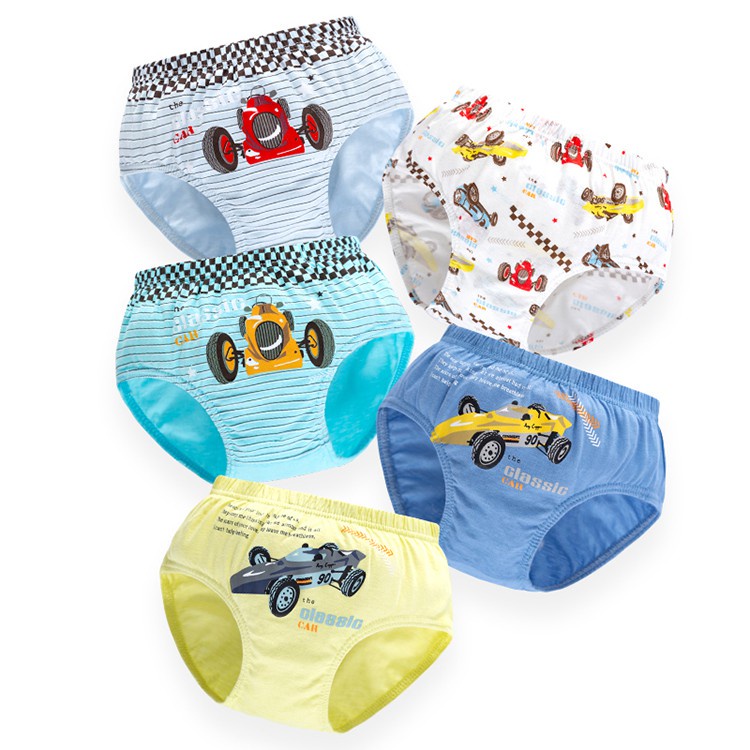 Bộ 5 Quần Lót Cotton Mềm Mại Co Giãn Thoải Mái In Họa Tiết Xe Hơi Hoạt Hình Cho Bé Trai 2-13 Tuổi