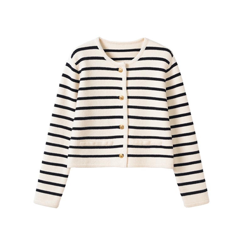 Đen Áo Khoác cardigan Dệt Kim Dáng Ngắn Cổ Tròn Kẻ Sọc Thời Trang Mùa Thu 2023