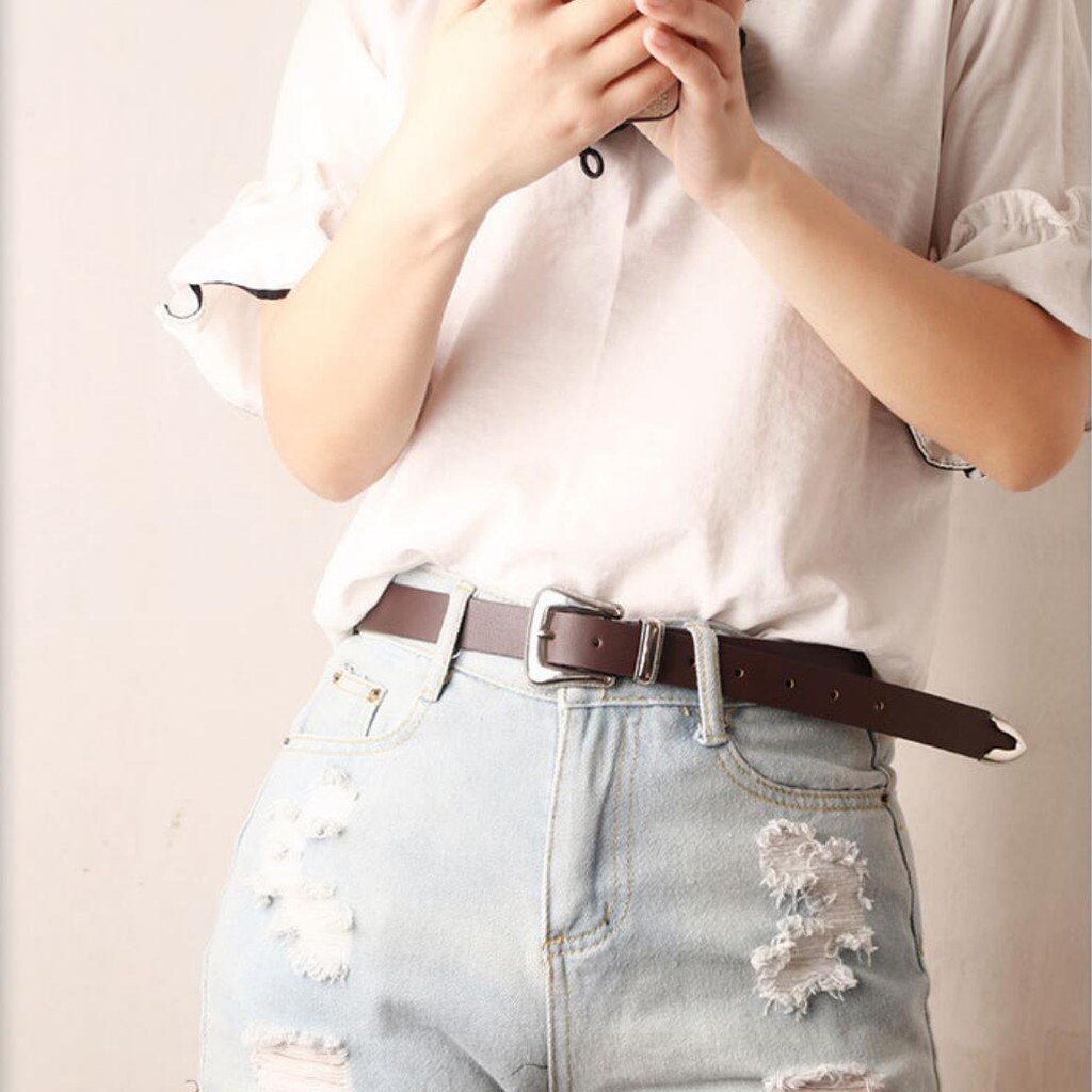 Thắt Lưng Da Màu Bạc Khóa Bạc Phong Cách Retro Cho Nữ