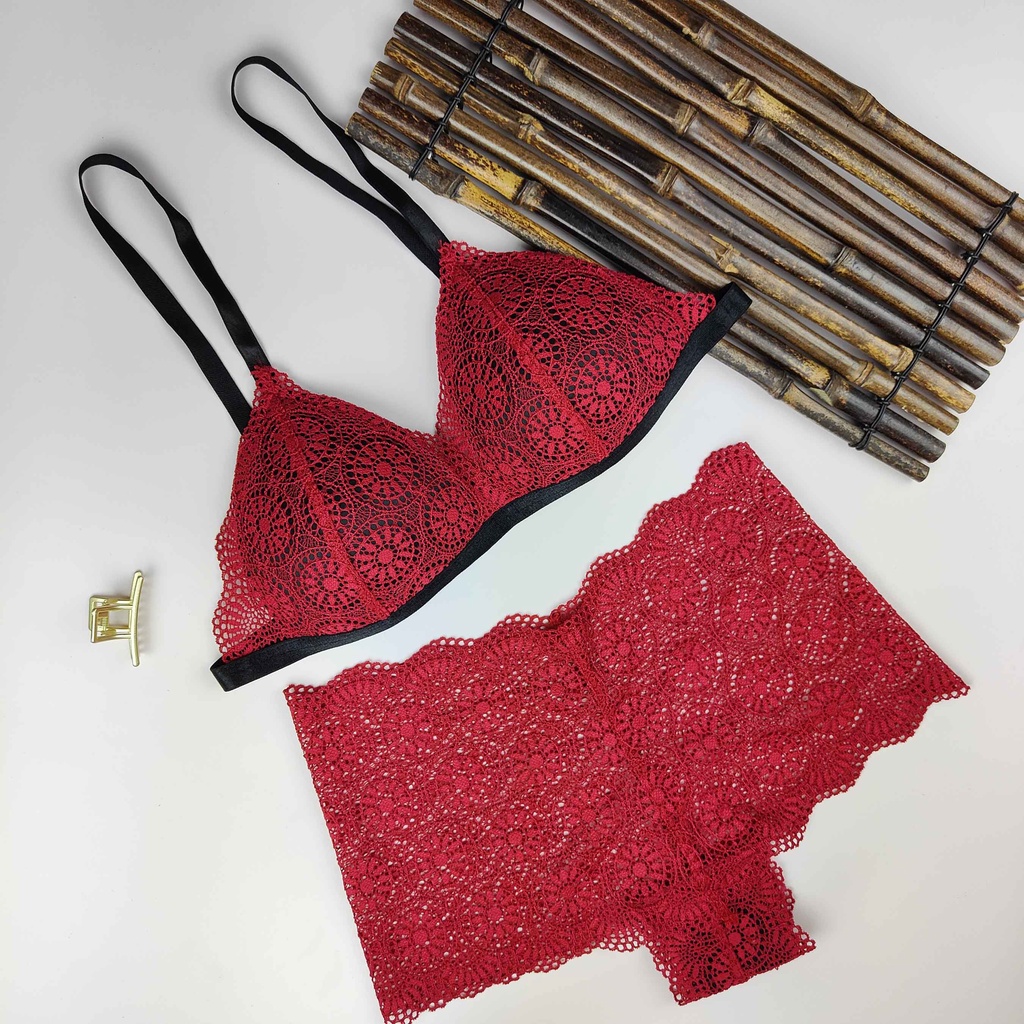 Bộ đồ lót ren sexy LL055🌈CHUYÊN SỈ🌈 hoa văn đồng tiền đỏ đậm không gọng mút vừa gợi cảm quần dây/đùi LAYLABRA