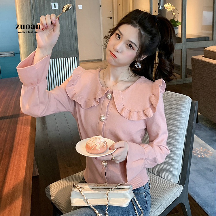 SUXI Áo dệt kim mỏng dài tay cổ búp bê thời trang mùa thu cho nữ