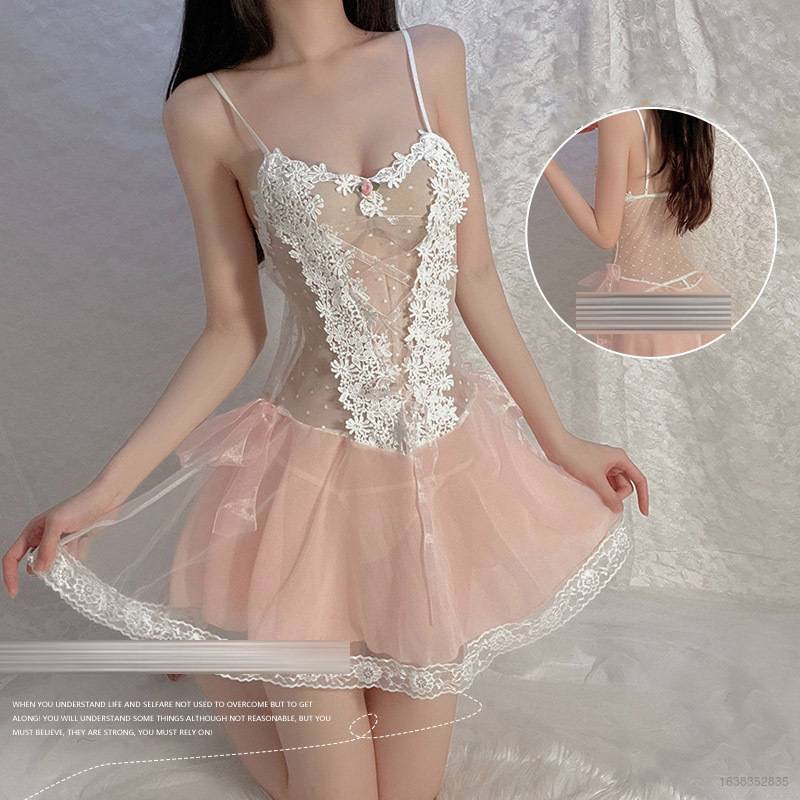 Đồ ngủ hai dây phối ren họa tiết chấm bi quyến rũ cho nữ