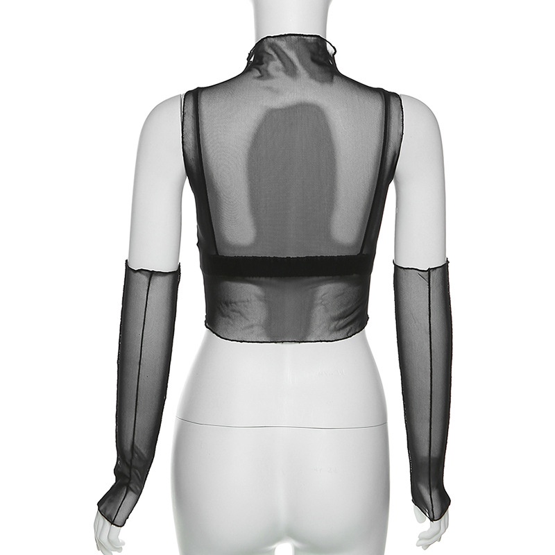 Set Áo Tank Top Cổ Cao + Găng Tay Lưới Màu Trơn Quyến Rũ Cho Nữ