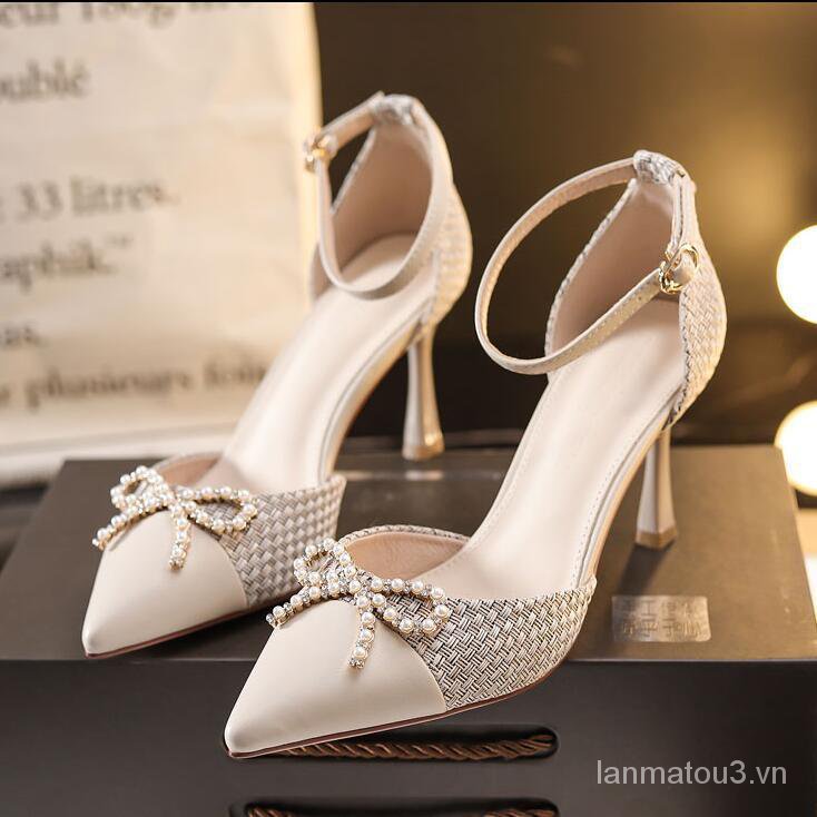 Women's Pearl Bow High Heels Chanel-Style2021Women's Evening Dress Ankle-Strap Shoes Stiletto Heel Elegant