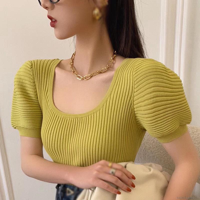 Áo Dệt Kim Tay Ngắn Thiết Kế Cổ Vuông Thanh Lịch