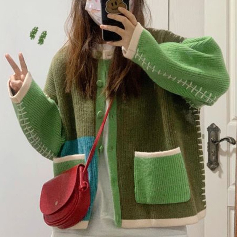 Áo sweater IELGY vải dệt kim dáng rộng màu tương phản thời trang cho nữ