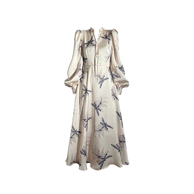 Đầm Lụa satin Cao Cấp Tay Phồng Dài In Họa Tiết Phong Cách Pháp Thời Trang Mùa Thu Cho Nữ