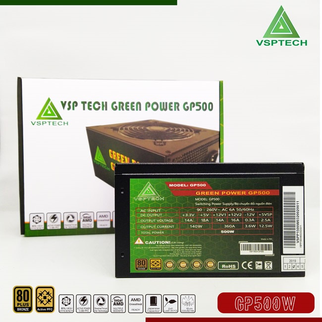 Nguồn VISION 500W PLUS GREEN POWER Chính hãng (2x4+4pin, 6+2pin). Vi Tính Quốc Duy