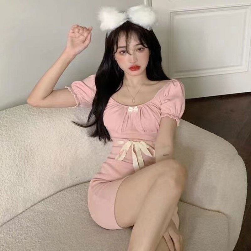 Xin LAN YA SHE Đầm Hồng Tay Ngắn Cổ Tròn Thắt Nơ Phong Cách Hàn Quốc Cho Nữ váy thiết kế tay bồng