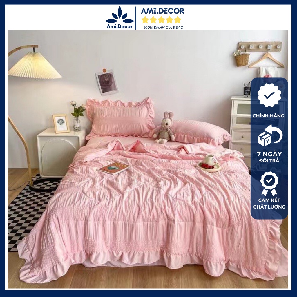 Bộ chăn ga gối Cotton Đũi mây viền bèo xinh xắn, bộ 4 món chăn trần hè cao cấp mềm mịn thoáng khi thấm hút mồ hôi