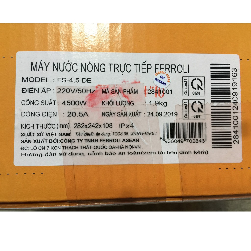 BÌNH NƯỚC NÓNG TRỰC TIẾP FERROLI RITA FS-4.5 DE BẢO HÀNH 5 NĂM